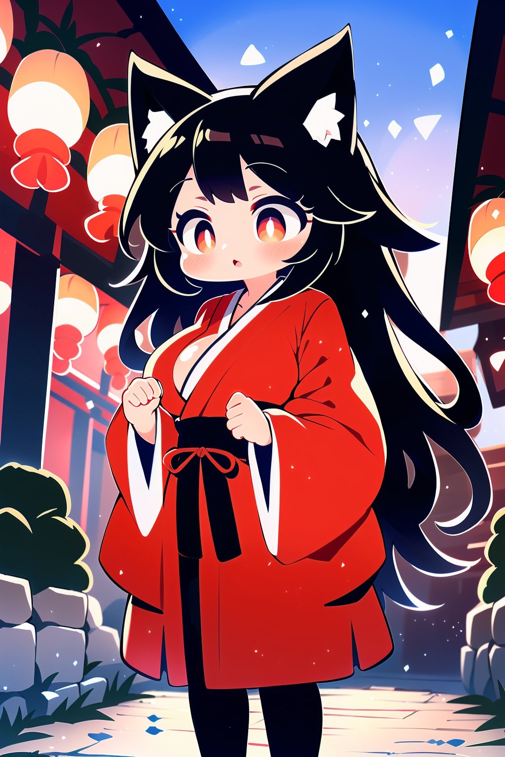 1girl, solo, standing, ukiyo-e style, cat ears, witch's attire with a touch of Japanese aesthetics, black and red color scheme, long flowing black hair, adorned with a red ribbon, amber eyes with a hint of magic, serene facial expression, modest breast size, kimono-inspired witch robe with cherry blossom patterns, standing in front of a Shinto shrine, paper lanterns illuminating the scene, a magical aura blending with the traditional setting, autumn leaves scattered on the ground, miko