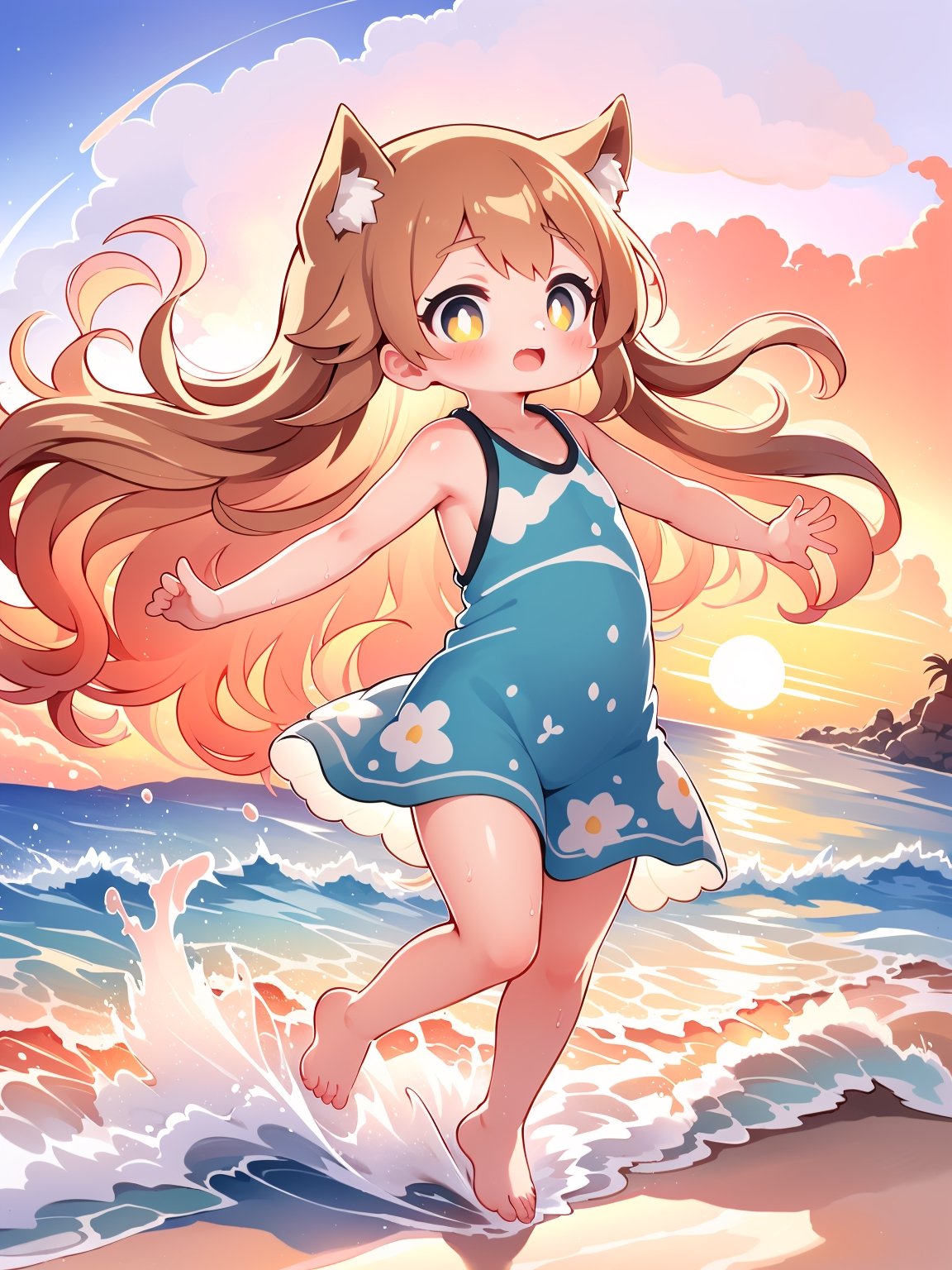 1girl, solo, watercolor painting, playful expression, beach attire, long flowing hair, ocean backdrop, splashing water, vibrant sunset hues, dynamic pose