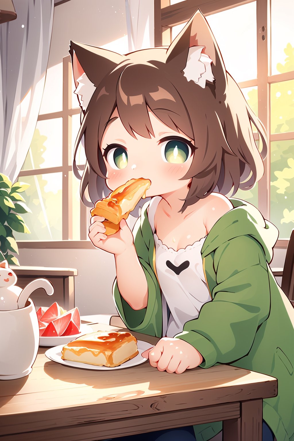 1girl, solo, eating, morning light, cat ears, breakfast table, playful expression, short brown hair, green eyes, casual attire