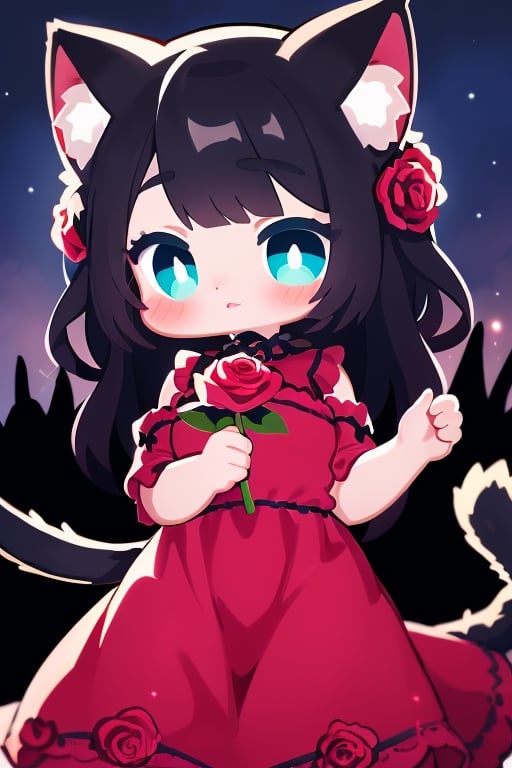 beautiful detailed, gothic cat girl, galaxy night, red roses, holding rose, cat tail, sparkling eyes, red, black, and teal colors