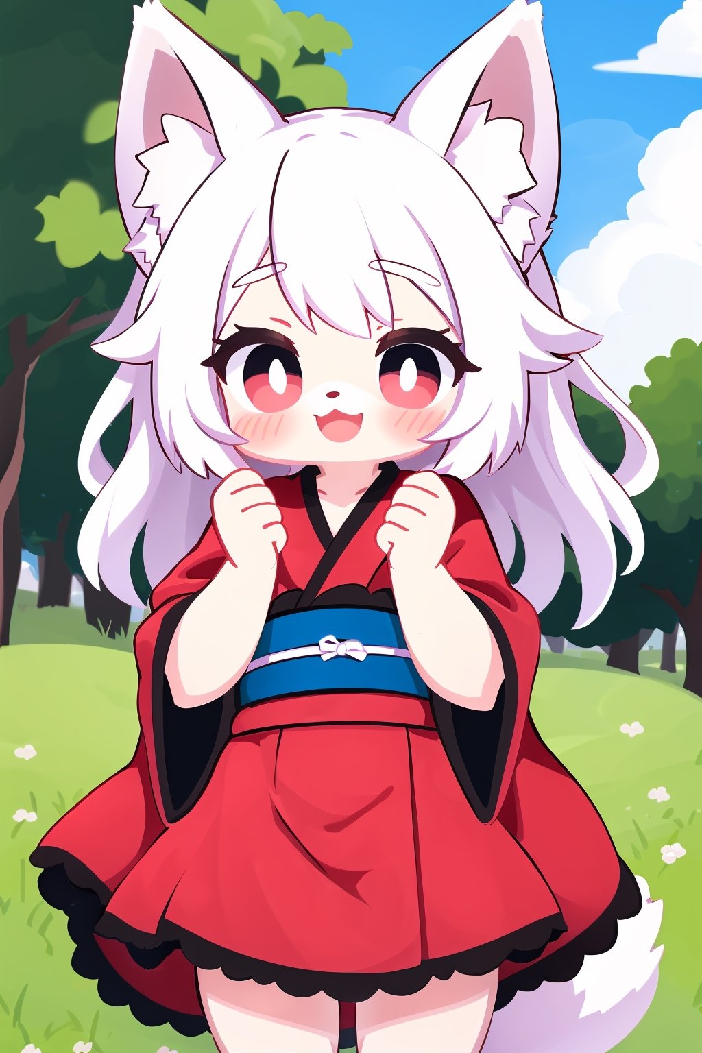 (furry, furry female:1.2), pawpads, animal ears, outdoors, tail, day, long hair, open mouth, fox girl, furry female, red eyes, fox ears, furry, smile, cloud, japanese clothes, kimono, sky, fox tail, standing, looking at viewer, blue sky, white fur, blush, claws, sash, grass, animal hands, :3, happy, sidelocks, white hair, body fur, bangs, hands up, animal ear fluff, bright pupils, white pupils, obi