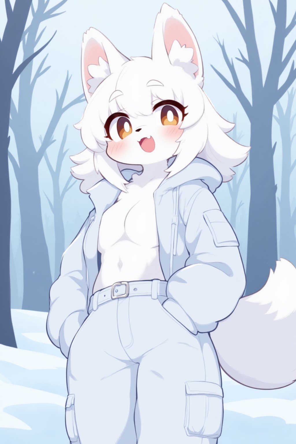 Furry, winter forest, overcast sky, 1girl , anthropomorphic arctic fox girl, anthro arctic fox, white fur, brown eyes, cute face, white hair, white cargo pants, white field jacket, white clothing, blushing, mischievous smile, sexy pose, medium_breasts,masterpiece