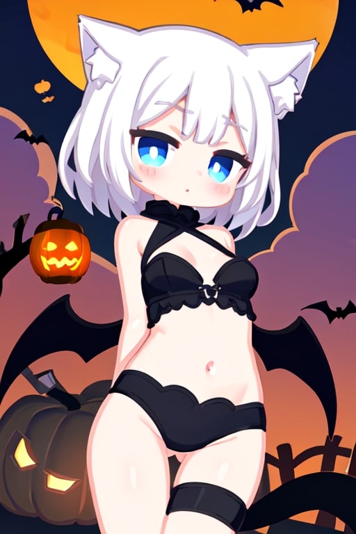 1girl, bat (animal), solo, cat ears, tail, breasts, short hair, blue eyes, jack-o'-lantern, halloween, moon, full moon, white hair, pumpkin, wings, night, covered navel, medium breasts, bandages, cowboy shot, arms behind back, lantern, looking at viewer, bangs, outdoors, thigh gap, bat wings, Tattoo