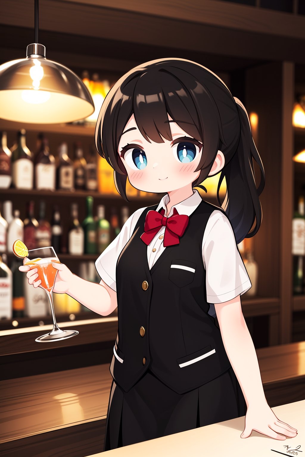 1girl, solo, bartending, detailed ink sketch, sleek ponytail, bartender uniform with bowtie, mixology tools in hand, focused expression, well-defined cheekbones, slight stubble, cocktail shaker in motion, blurred background with bar shelves filled with various liquor bottles, dimly lit upscale lounge, subtle reflections on glassware, black vest, white shirt, polished bar counter, professional demeanor, charismatic smile, colorful cocktail in the foreground, garnish details, ambient glow from hanging pendant lights, cocktail menu on the side, upscale and sophisticated atmosphere, elegant posture, pouring liquid with precision, classic and timeless style