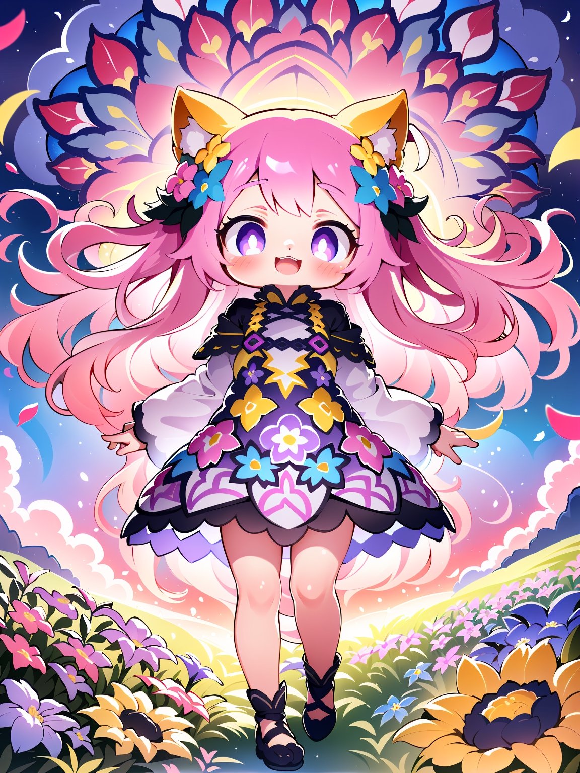 absurdres, highres, ultra detailed, colorful, (1girl:1.3), 
beautiful detailed purple eyes, glowing eyes, long pink hair, cute, happy, 
intricate attire, textile art attire, craftsmanship attire, elegant attire, 
dynamic, psychedelic, fractal patterns, geometric figures, dynamic, 
(flowers, petals), meadow, 
(blue and yellow color:1),