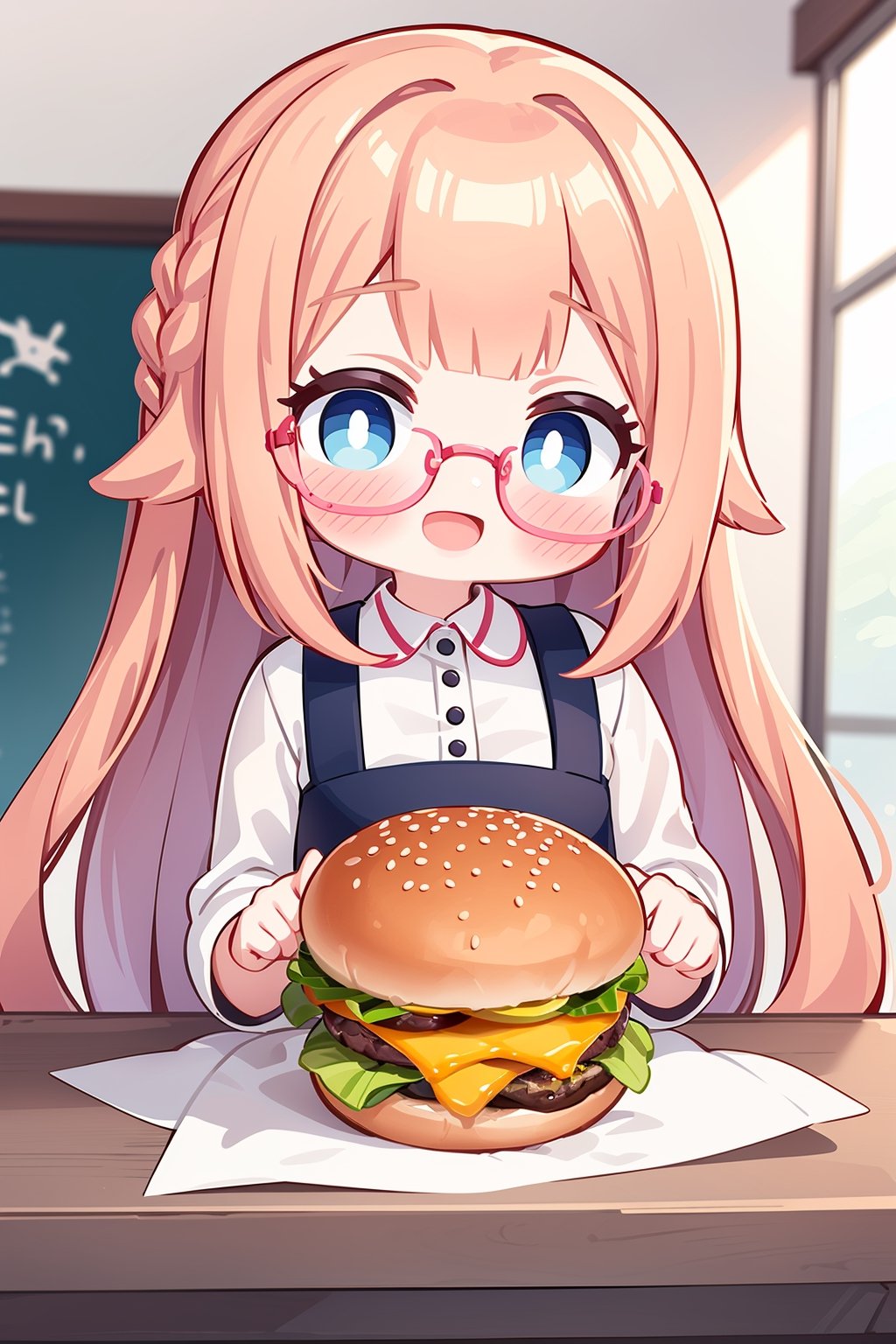 masterpiece, best quality, 1girl, long hair, glasses, burger, bored, braid,:D