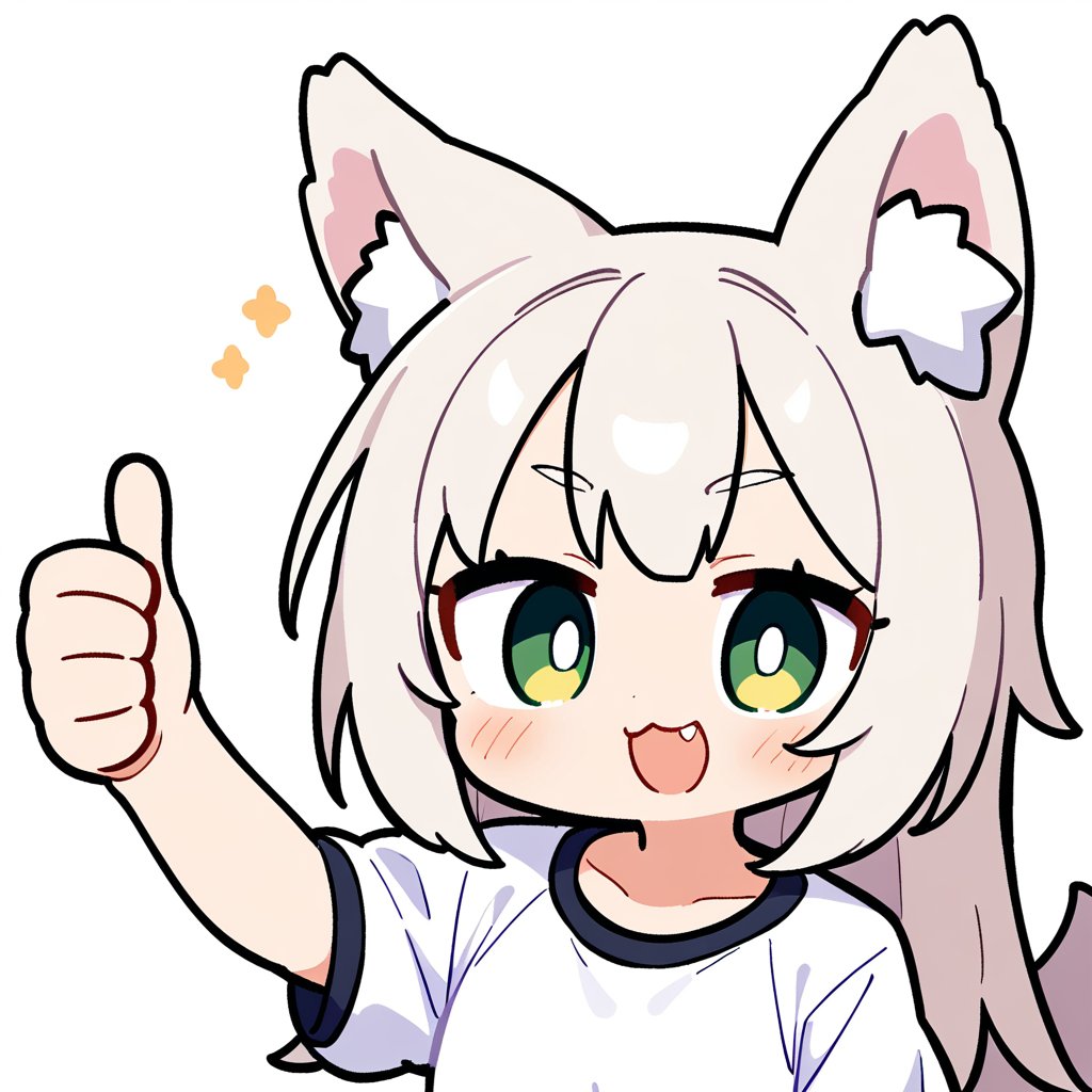 1girl, solo, loli, white hair, long hair, wolf ears, wolf tail, green eyes, upper body,white shirt, :3, thumb, simple background, white background, Thumbs up , fang