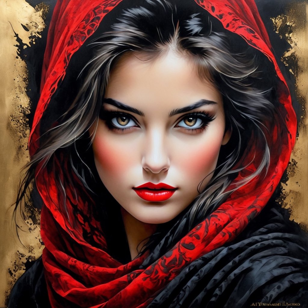 breathtaking portrait of a gorgeous girl, sultry, red scarf, dark gold and black, gossamer fabrics, jagged edges, eye-catching detail, insanely intricate, vibrant light and shadow , beauty, paintings on panel, textured background, captivating, stencil art, style of oil painting, modern ink, watercolor , brush strokes, negative white space