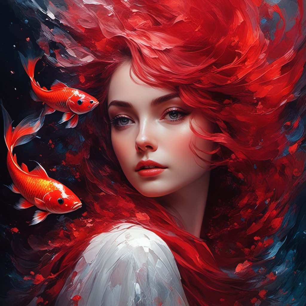 8k, RGB, HDR, oil paints, watercolors, bright saturated colors,
Anna Razumovskaya, Jarek Kubicki, Aleksi Brilo, Darek Zabrotsky, Sakimichan, Loisch, Aminola Rezai,
photo RAW, black, dark red,
    close-up, Portrait of ghostly long-tailed white koi, female, shiny aura, red filigree, intricate motifs, organic pattern, glowing stardust, fluidity, sharp focus, sparkling particles, vibrant coral reef background. Realism, masterpiece, natural light, perfect composition, high detail.