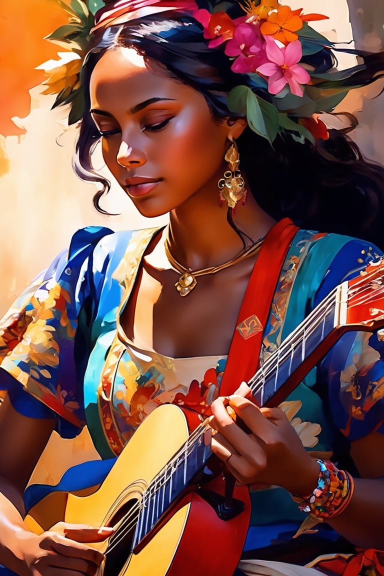 Shadow art, play of light, close-up, close-up of a beautiful Seychelles woman playing the guitar, wearing a beautiful colorful traditional dress, bright colors, sharp focus, digital painting, beautiful, realistic, high detail, mysticism, magic
Extremely realistic, shot in RAW format.
Art by Jim Mahfood, Henry Asensio, Greg Rutkowski, Studio Ghibli Genshin Impact