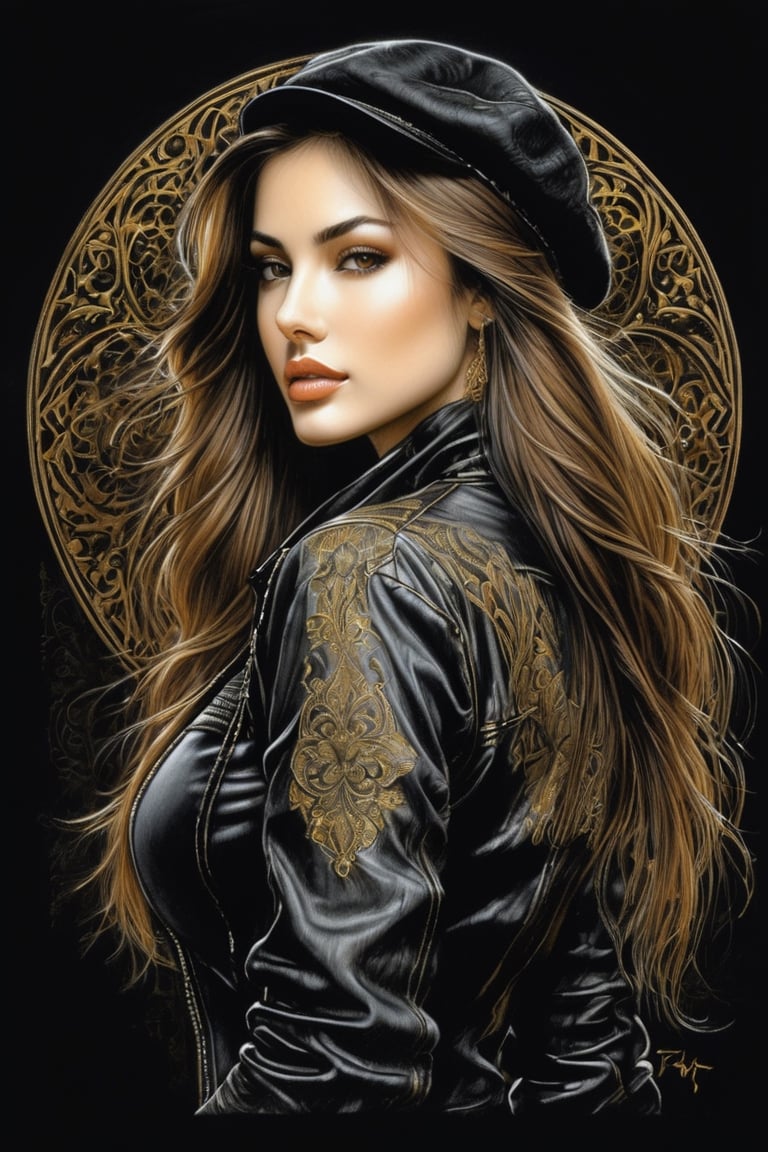 Portrait of a beauty Illustration by Luis Royo. Black background. A beautiful Lebanese woman with long brown hair. She wears a black turtleneck, and a pair of olive skinny jeans. She also wears a black leather jacket and baseball cap. Her backside is to the camera.
golden patterns, ,hatching with black pencil,Charcoal drawing, black pencil drawing,golden patterns