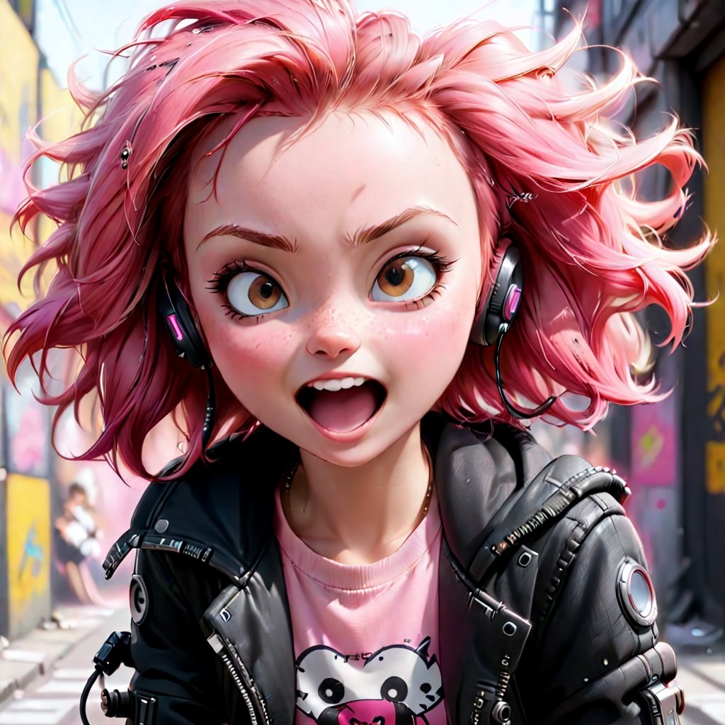 Animated Girl Punk Rocker In Headphones, Lots Of Joy And Laughter, Freckles And Pink Clothes, Detailed 1980s Cyberpunk Anime, Street Art Style, Poster Art Realism