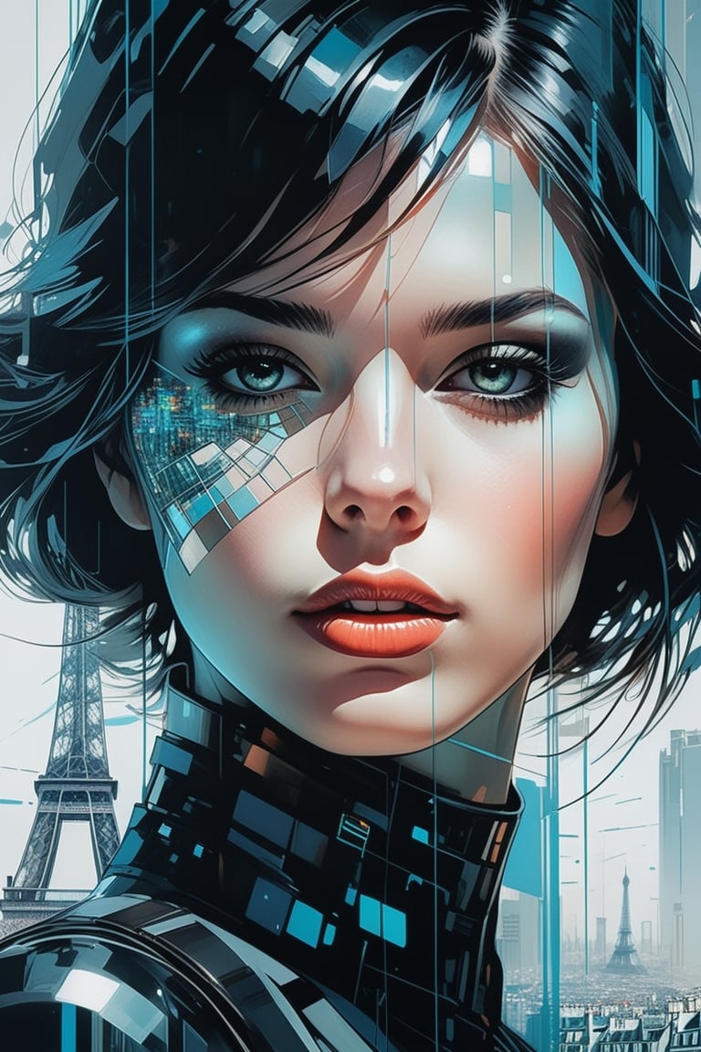 Close-up, Double exposure close-up of Paris cityscape in the head of a femme fatale, line art by Beeple, portrait of a female android, beautiful illustration, neural, detailed android face,
Jim Mahfood, Henry Asensio, Greg Rutkowski, Craig Davison, Jenny Saville, Bernie Wrightson, Frank Frazetta,