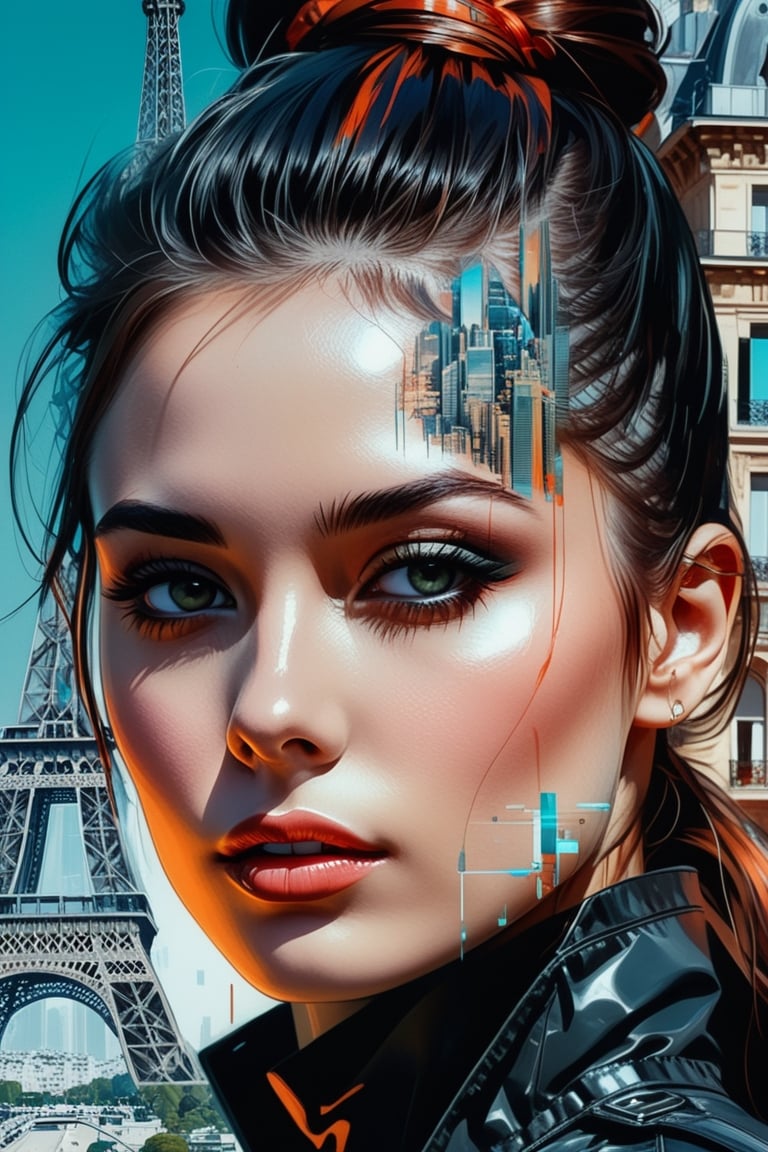 Close-up, Double exposure close-up of Paris cityscape in the head of a femme fatale, line art by Beeple, portrait of a female android, beautiful illustration, neural, detailed android face,
Jim Mahfood, Henry Asensio, Greg Rutkowski, Craig Davison, Jenny Saville, Bernie Wrightson, Frank Frazetta,oil paint 