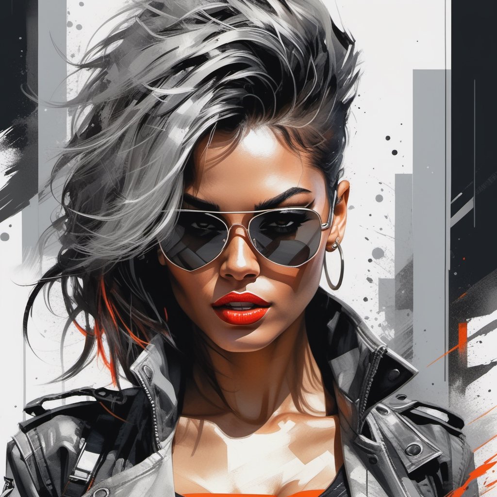 MJ, Andre Cohn, Gabrielle Del Otto, digital illustration, close up, concept art, Cinematic Elegance grey envy, In the style of russ mills, stunning 21 years girl, wearing light grey shades, centered, plunging neckline, Three-quarters body in the frame, chaotic background, trendy punk urban vibe, highly stylized illustration, mad max jacket, long wavy hair, ultra high definition, 
Stunning Full Color RTX, 4k, AI Midjourney, Vibrant Rich Colors, Watercolor, Oil Paints, HDR, 500px, 4k,