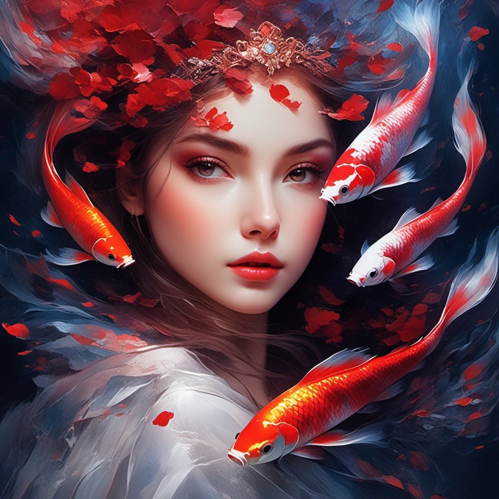 8k, RGB, HDR, oil paints, watercolors, bright saturated colors,
Anna Razumovskaya, Jarek Kubicki, Aleksi Brilo, Darek Zabrotsky, Sakimichan, Loisch, Aminola Rezai,
photo RAW, black, dark red,
    close-up, Portrait of ghostly long-tailed white koi, female, shiny aura, red filigree, intricate motifs, organic pattern, glowing stardust, fluidity, sharp focus, sparkling particles, vibrant coral reef background. Realism, masterpiece, natural light, perfect composition, high detail.