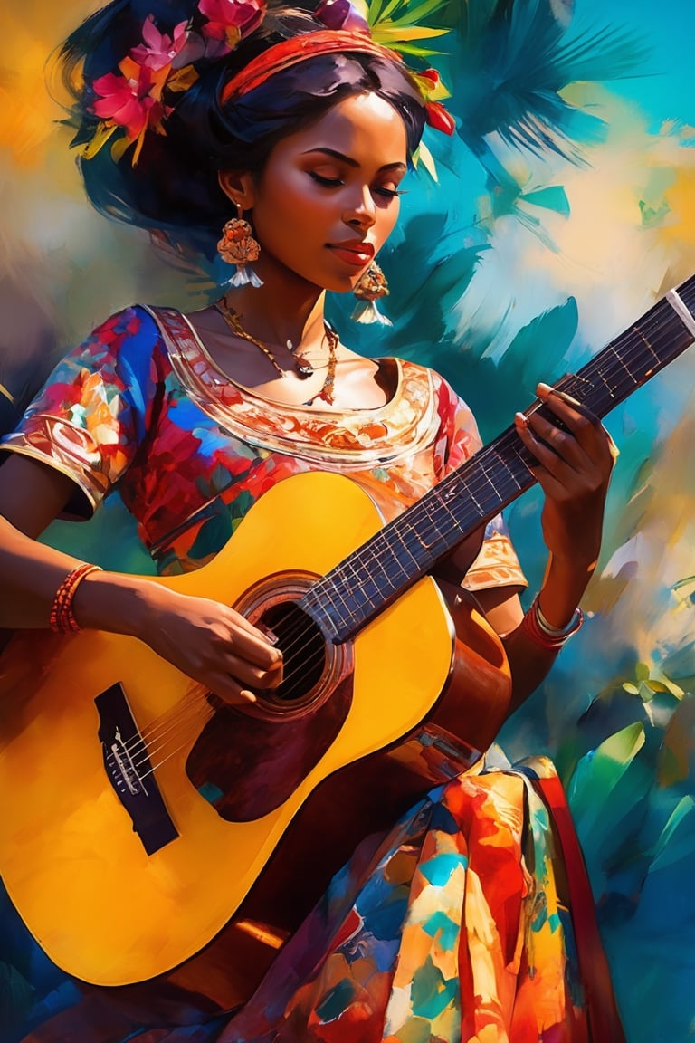 Shadow art, play of light, close-up, close-up of a beautiful Seychelles woman playing the guitar, wearing a beautiful colorful traditional dress, bright colors, sharp focus, digital painting, beautiful, realistic, high detail, mysticism, magic
Extremely realistic, shot in RAW format.
Art by Jim Mahfood, Henry Asensio, Greg Rutkowski, Studio Ghibli Genshin Impact