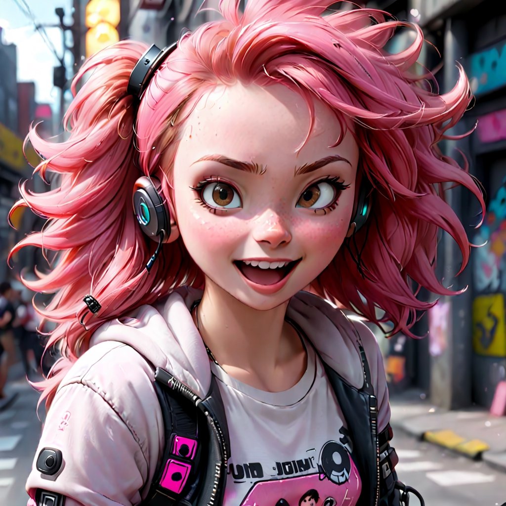 Animated Girl Punk Rocker Girl In Headphones, Lots Of Joy And Laughter, Freckles And Pink Clothes, Detailed 1980s Cyberpunk Anime, Street Art Style