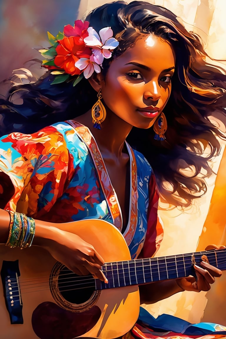 Shadow art, play of light, close-up, close-up of a beautiful Seychelles woman playing the guitar, wearing a beautiful colorful traditional dress, bright colors, sharp focus, digital painting, beautiful, realistic, high detail, mysticism, magic
Extremely realistic, shot in RAW format.
Art by Jim Mahfood, Henry Asensio, Greg Rutkowski, Studio Ghibli Genshin Impact