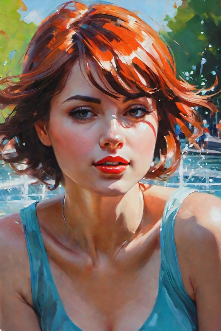 Close-up, portrait of a woman, in motion, bottom-up view, background, city park, fountain, oil paint, bright rich colors,
IJan Ditlev, lya Kuvshinov, Gabriele Dell'otto,