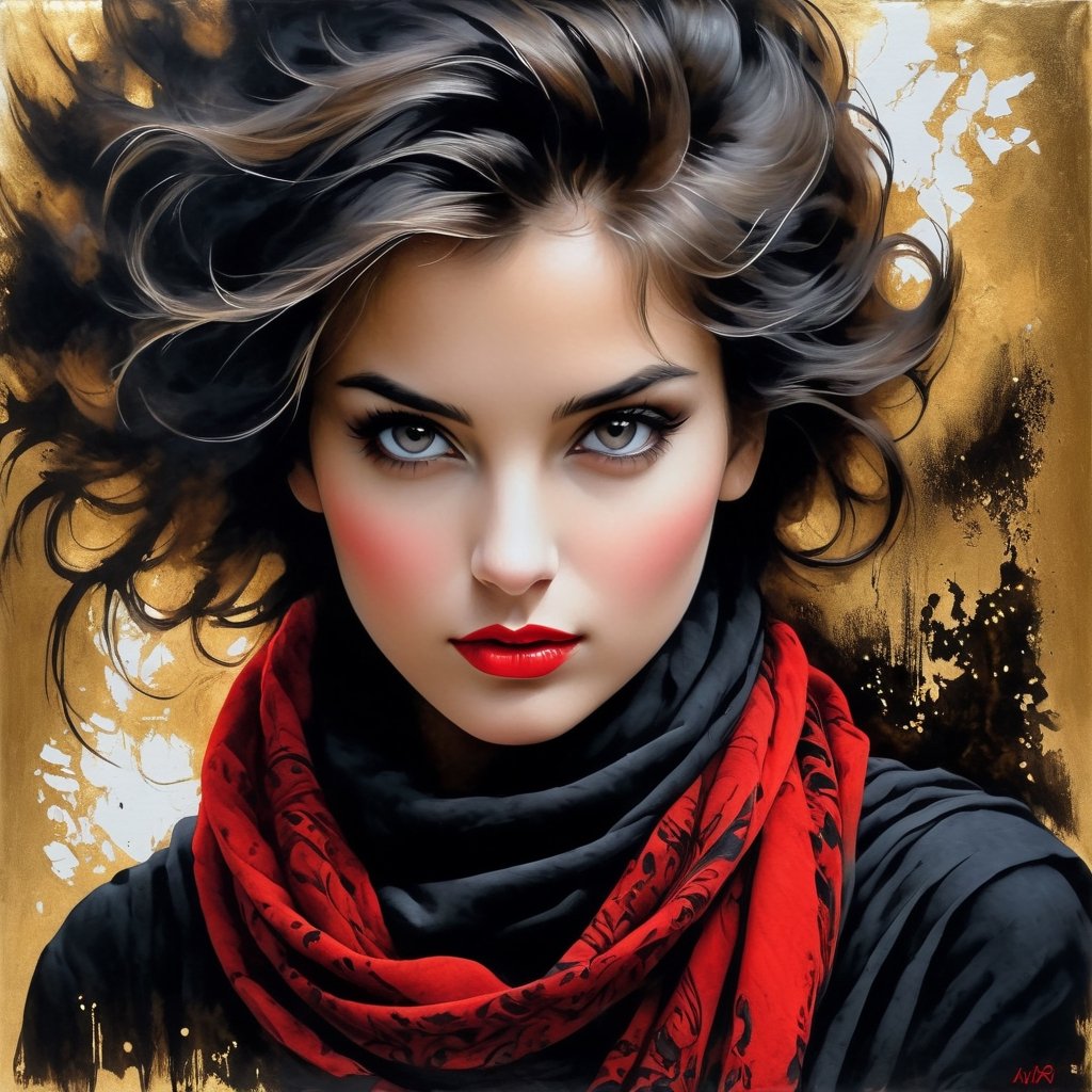 breathtaking portrait of a gorgeous girl, sultry, red scarf, dark gold and black, gossamer fabrics, jagged edges, eye-catching detail, insanely intricate, vibrant light and shadow , beauty, paintings on panel, textured background, captivating, stencil art, style of oil painting, modern ink, watercolor , brush strokes, negative white space