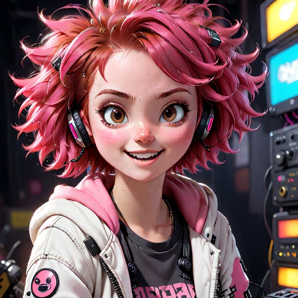 Animated Girl Punk Rocker In Headphones, Lots Of Joy And Laughter, Freckles And Pink Clothes, Detailed 1980s Cyberpunk Anime