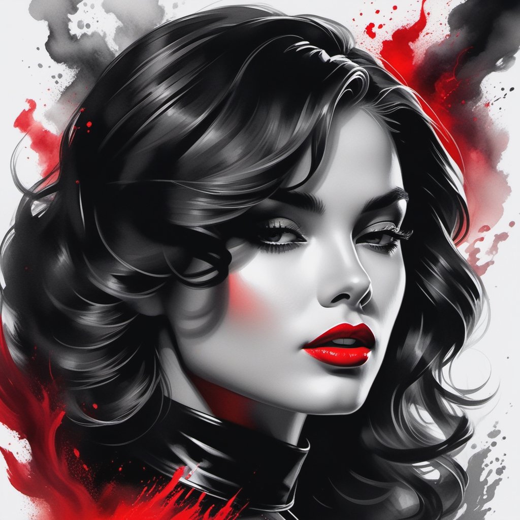 MJ, Andre Cohn, Gabrielle Del Otto, digital illustration, close up, concept art, Beautiful girl and man in noir style, dark hair, Hollywood wave, dark makeup, smokey ice, languid look, red lips, waist-length portrait, black dress, smoke, realistic, 32k, high quality, high detail, hyperrealism, photorealism, cinematic, black and white image with red details, dark noir
Stunning Full Color RTX, 4k, AI Midjourney, Vibrant Rich Colors, Watercolor, Oil Paints, HDR, 500px, 4k,