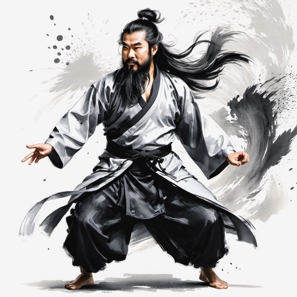 zydink, monochrome, ink sketch, 1boy, asian (middle age man), (long beard, facial hair), fighting stance, looking at viewer, long hair, floating hair, hanfu, chinese clothes, long sleeves, (abstract ink splash:1.2), white background