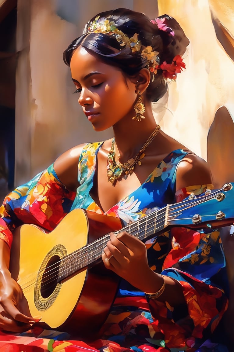 Shadow art, play of light, close-up, close-up of a beautiful Seychelles woman playing the guitar, wearing a beautiful colorful traditional dress, bright colors, sharp focus, digital painting, beautiful, realistic, high detail, mysticism, magic
Extremely realistic, shot in RAW format.
Art by Jim Mahfood, Henry Asensio, Greg Rutkowski, Studio Ghibli Genshin Impact