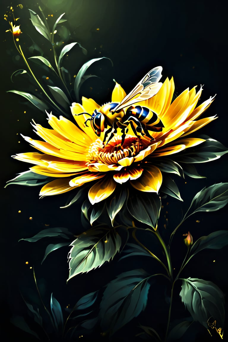 A bee and a flower in close proximity, drawn in the style of Pascal Blanche and Rutkowski on ArtStation, sharp emphasis on insects and flowers, executed as a hyper-realistic painting, filled with concept, sharp focus,
The style of Raphael, Caravaggio, Coby Whitmore, Titian, Leonardo da Vinci,