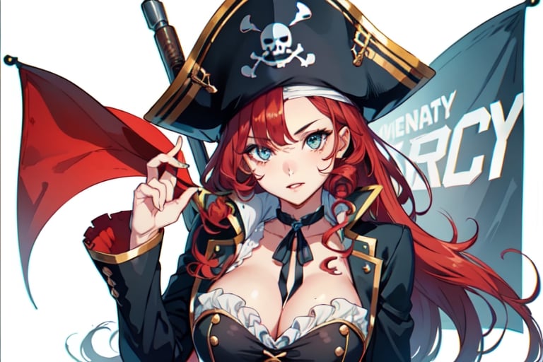 a pirate girl, sexy pose, red curly long hair, holding a old pistol, pirate flag on the background 