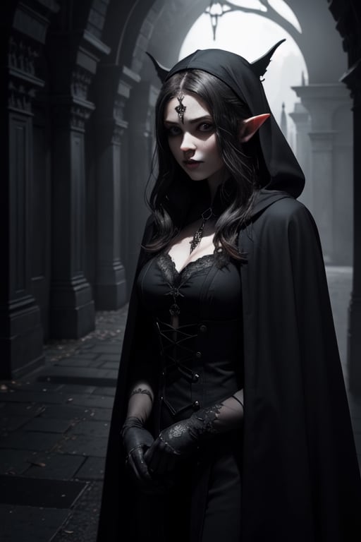 an elf girl, with cape, dark atmosphere, shadows, gothic aspect