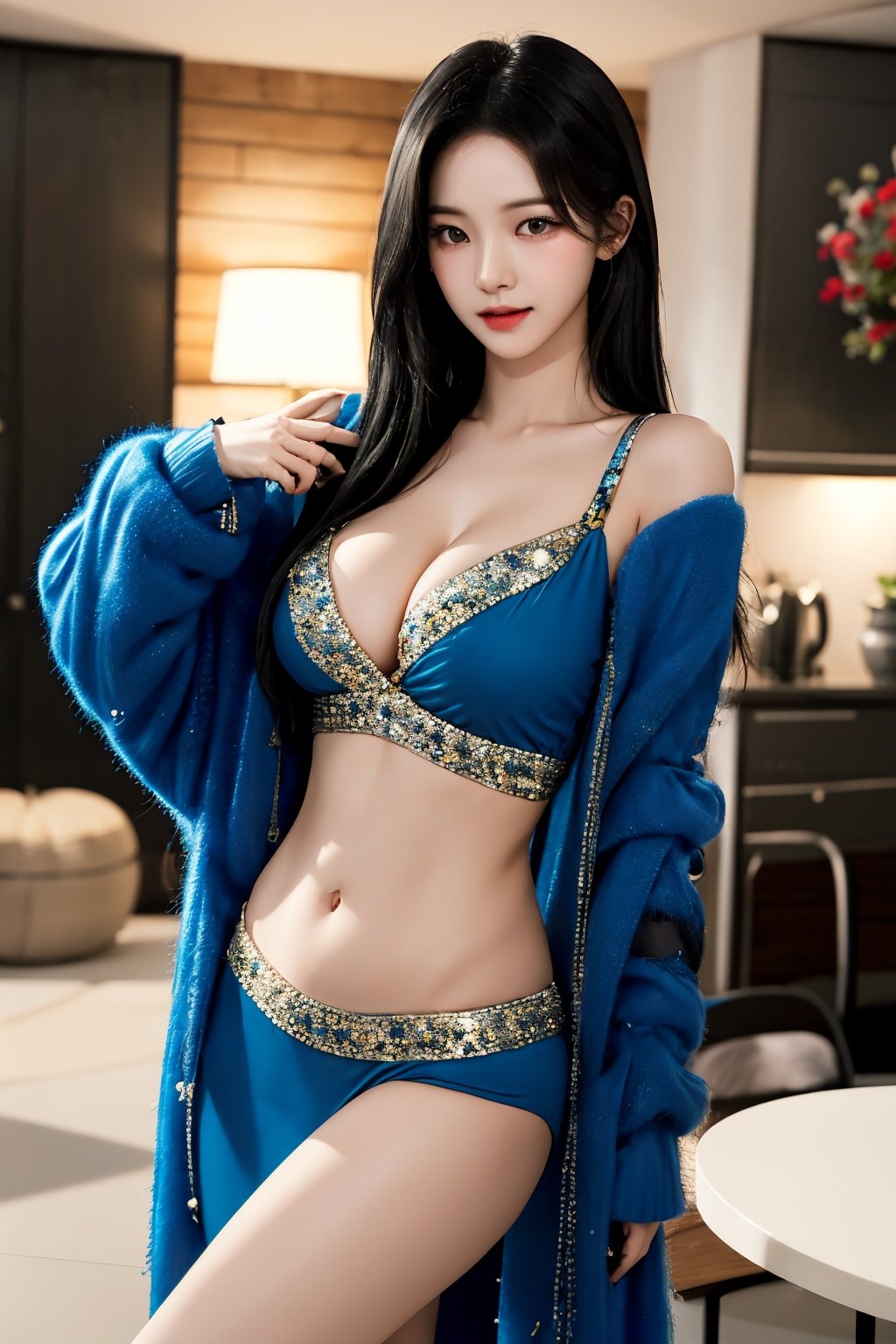 centered, belly dancer, midriff, Navel,huge_boobs, droopy breast, saggy breast, symetrical outfit, black hair, dark skin tone, | bokeh, depth of field, indoors, tavern, 20 years old korean girl, korean idol style,masterpiece, best quality, photorealistic, raw photo, 1girl,long hair,sexy dress,seducing_eyes,detailed skin, pore, low key,sexy_pose,little_cute_girl,blurry_light_background,Korean,Beauty,Sexy,aespa karina,asian girl,karinalorashy