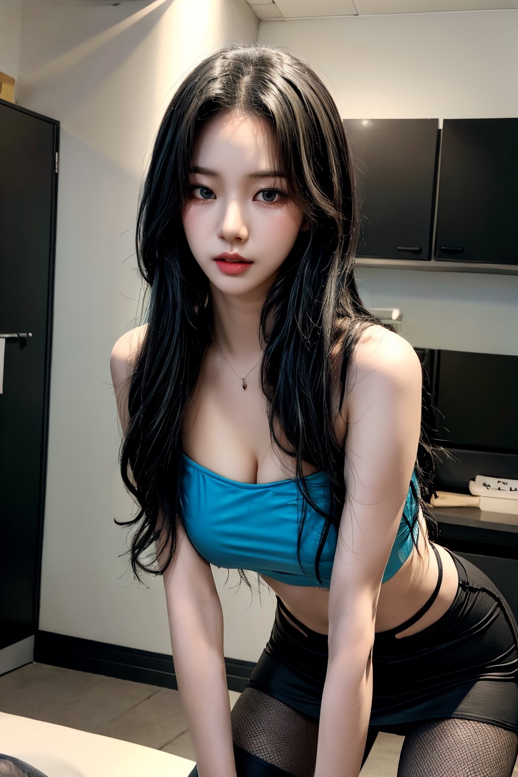 centered,exposed_midriff,huge_boobs, droopy breast, saggy breast, black hair, office, 17 years old korean girl, korean idol style,masterpiece, best quality, photorealistic, raw photo, 1girl,long hair,small tight sleeveless strapless crop top, mini skirt absolute_cleavage, cleavage cutout, underboob, fishnet_pantyhose,seducing_eyes, cow_girl_position,Korean,Beauty,Sexy,aespa karina,asian girl,full-body_portrait, full_body, standing