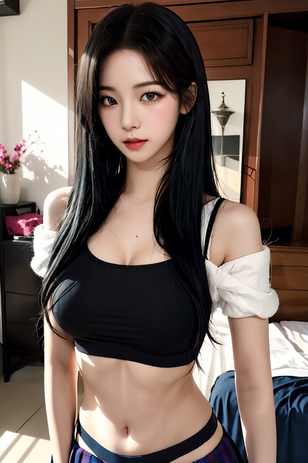 centered, belly dancer, midriff, Navel,huge_boobs, droopy breast, saggy breast, symetrical outfit, black hair, dark skin tone, | bokeh, depth of field, indoors, tavern, 20 years old korean girl, korean idol style,masterpiece, best quality, photorealistic, raw photo, 1girl,long hair,school_uniforms,seducing_eyes,detailed skin, pore, low key,lying on the bed,bedroom,sexy_pose,little_cute_girl,blurry_light_background,Korean,Beauty,Sexy,aespa karina,asian girl,karinalorashy