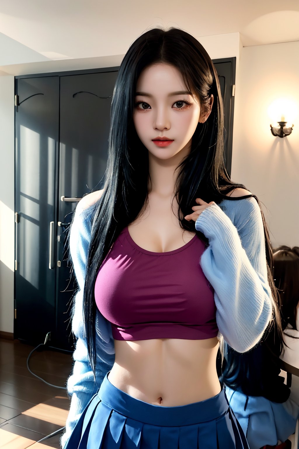 centered, belly dancer, midriff, Navel,huge_boobs, droopy breast, saggy breast, symetrical outfit, black hair, dark skin tone, | bokeh, depth of field, indoors, tavern, 20 years old korean girl, korean idol style,masterpiece, best quality, photorealistic, raw photo, 1girl,long hair,school_uniforms,mini top, showing breast, miniskirt,seducing_eyes,detailed skin, pore, low key,sexy_pose,little_cute_girl,blurry_light_background,Korean,Beauty,Sexy,aespa karina,asian girl,karinalorashy, full nody portrait