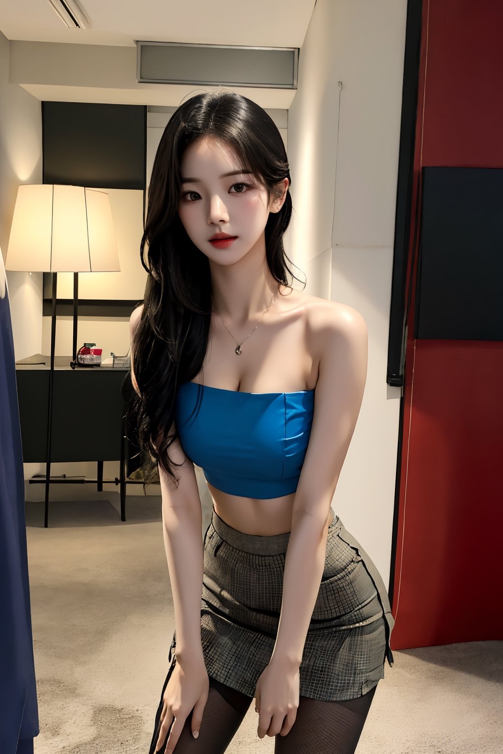 centered,exposed_midriff,huge_boobs, droopy breast, saggy breast, black hair, office, 17 years old korean girl, korean idol style,masterpiece, best quality, photorealistic, raw photo, 1girl,long hair,small tight sleeveless strapless crop top, mini skirt absolute_cleavage, fishnet_pantyhose,seducing_eyes, cow_girl_position,Korean,Beauty,Sexy,aespa karina,asian girl,full-body_portrait, full_body, standing