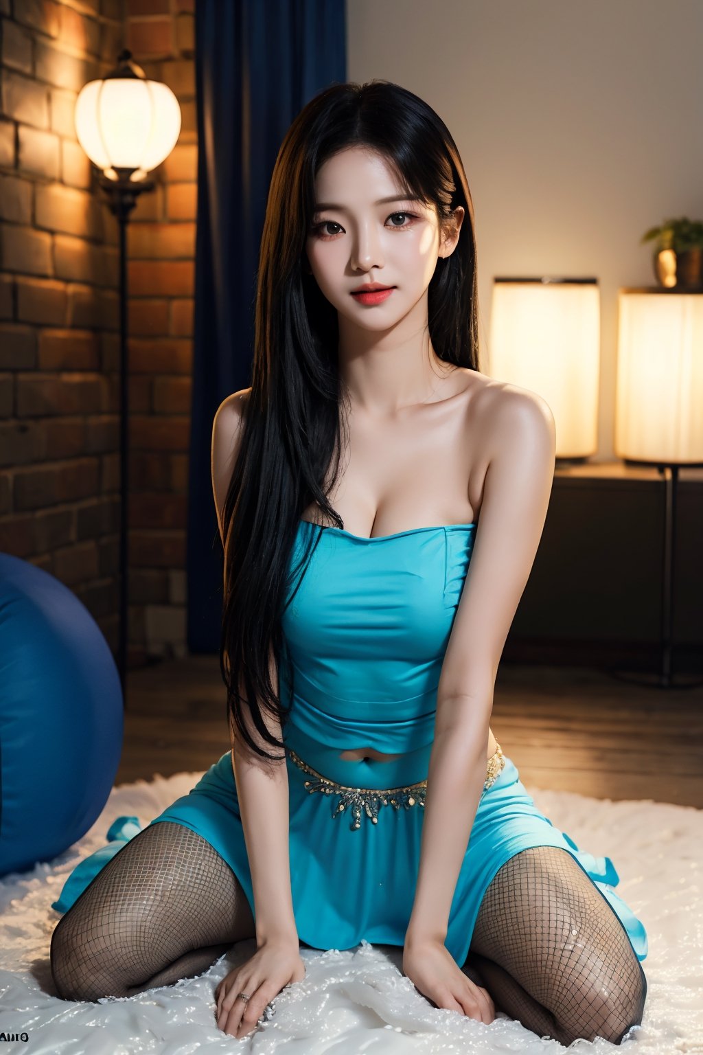 centered, belly dancer, midriff, Navel,huge_boobs, droopy breast, saggy breast, black hair, dark skin tone, | bokeh, depth of field, indoors, tavern, 20 years old korean girl, korean idol style,masterpiece, best quality, photorealistic, raw photo, 1girl,long hair,small tight dress, sleeveless_dress, strapless_dress, shoulderless_dress, absolute_cleavage, fishnet_pantyhose,seducing_eyes,detailed skin, pore, low key,sexy_pose,little_cute_girl,blurry_light_background,Korean,Beauty,Sexy,aespa karina,asian girl,karinalorashy, full body portrait, full_body