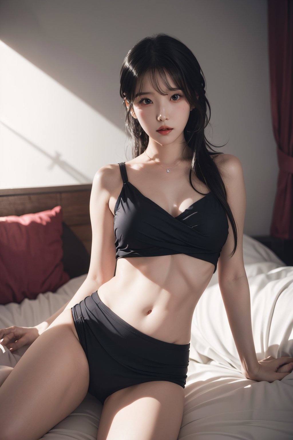 centered, belly dancer, midriff, Navel,bust size 50, symetrical outfit, black hair, dark skin tone, | bokeh, depth of field, indoors, tavern, 20 years old korean girl, korean idol style,masterpiece, best quality, photorealistic, raw photo, 1girl,long hair,unclothed,naked,seducing_eyes,detailed skin, pore, low key,lying on the bed,bedroom,sexy_pose,little_cute_girl,blurry_light_background,Korean,Beauty,Sexy,iu,asian girl