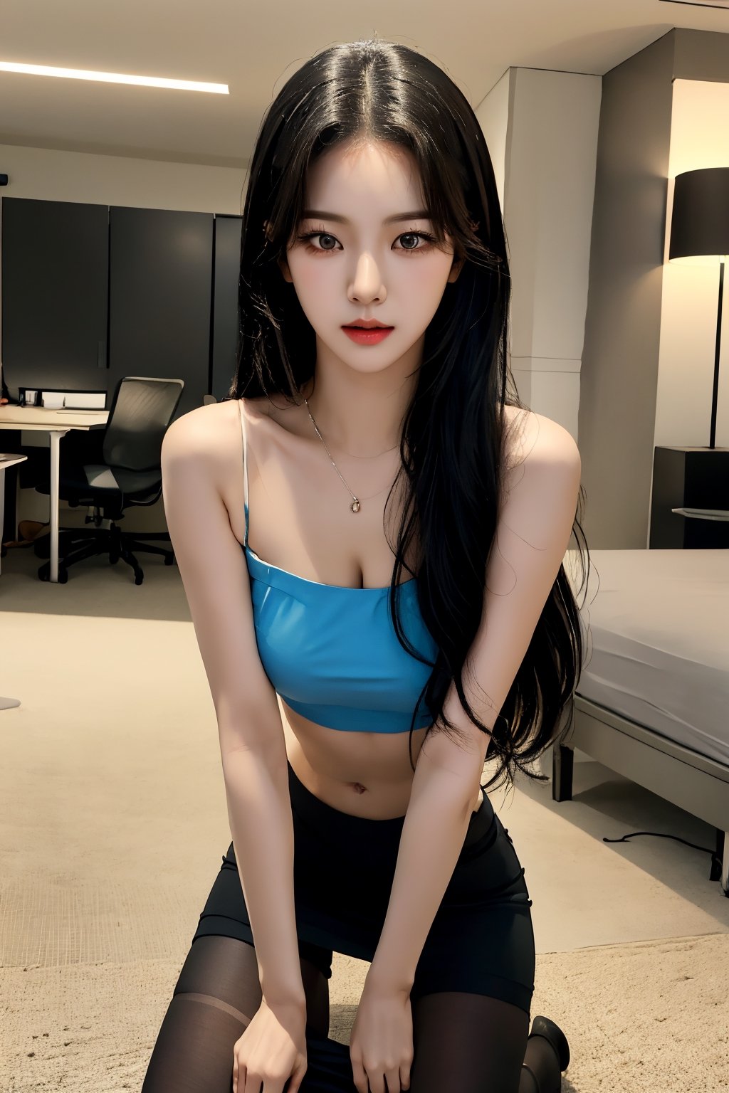 centered,exposed_midriff,huge_boobs, droopy breast, saggy breast, black hair, office, 17 years old korean girl, korean idol style,masterpiece, best quality, photorealistic, raw photo, 1girl,long hair,small tight sleeveless strapless crop top, mini skirt absolute_cleavage, fishnet_pantyhose,seducing_eyes, cow_girl_position,Korean,Beauty,Sexy,aespa karina,asian girl,full-body_portrait, full_body