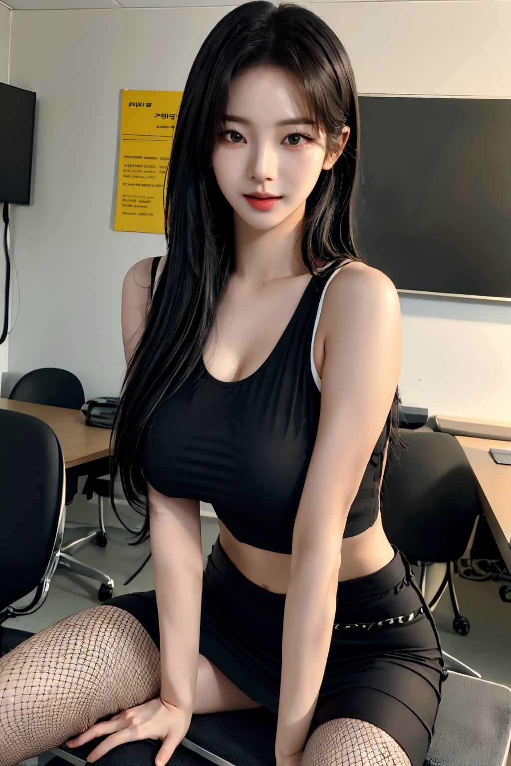 centered,exposed_midriff,huge_boobs, droopy breast, saggy breast, black hair, office, 17 years old korean girl, korean idol style,masterpiece, best quality, photorealistic, raw photo, 1girl,long hair,tight sleeveless mini crop top, mini skirt, under_boob, underbreast, underboob, fishnet_pantyhose,seducing_eyes, cow_girl_position,Korean,Beauty,Sexy,aespa karina,asian girl,full-body_portrait, full_body, sitting pose on desk, leg_spread