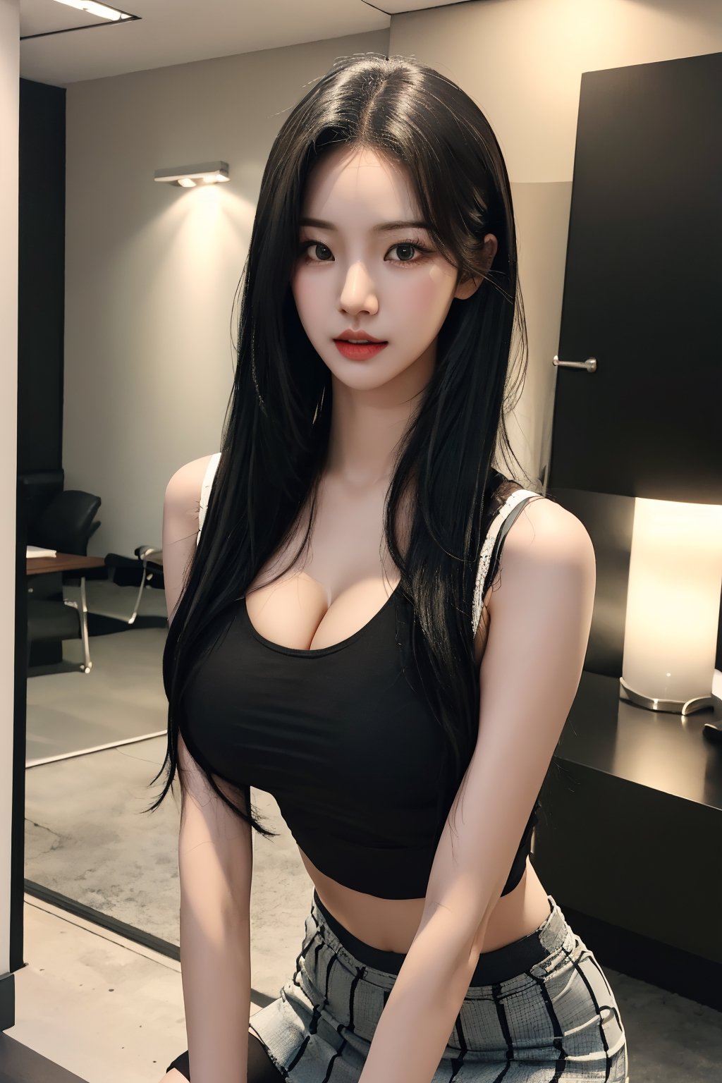centered,exposed_midriff,huge_boobs, droopy breast, saggy breast, black hair, office, 17 years old korean girl, korean idol style,masterpiece, best quality, photorealistic, raw photo, 1girl,long hair,small tight sleeveless crop top, mini skirt absolute_cleavage, cleavage cutout, underboob, fishnet_pantyhose,seducing_eyes, cow_girl_position,Korean,Beauty,Sexy,aespa karina,asian girl,full-body_portrait, full_body, standing