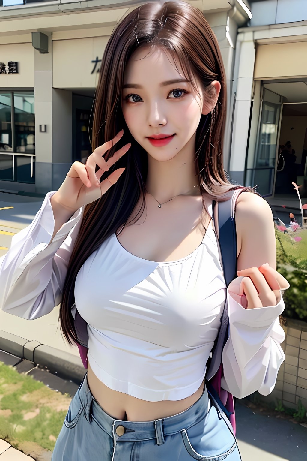 Highly detailed RAW color Photo. ((ultra wide shots:1.35)), full Body, (front angel:1.3)、 (female, medium breast, perfect body:1.35), (white shirt with medium breast:1.34), (braless with semi-open chest:1.35), (big nipple detials:1.34), (saggy breast:1.35), (bob hair cut:1.34), (round glassies:1.35), teats、ultra-mini school skirt、Ultra-shiny ultra-hard, (dropping tits:1.35), (school back pack:1.34)、face perfect、a Pretty face、The face of a young actress in Japan、((light brown hair))、((Tied waist))、big hip, perfect foot、(((perfect hand)))、Clean facial skin、(((perfect fingers)))、Hair over one eye,  ,  Smiled face,  A futuristic,  depth of fields,  reflective light,  retinas,  ,  awardwinning,  hight resolution,  8K、open chest、Standing outside of the store、Lights are shining all over the body,  Anatomically correct,  Textured skin,  high details,  High quality, 8k, mai, High detailed, bob cut, parted lips, Blue eyes,  ,mecha,mai,urban techwear,Game of Thrones,high_school_girl,karinalorashy