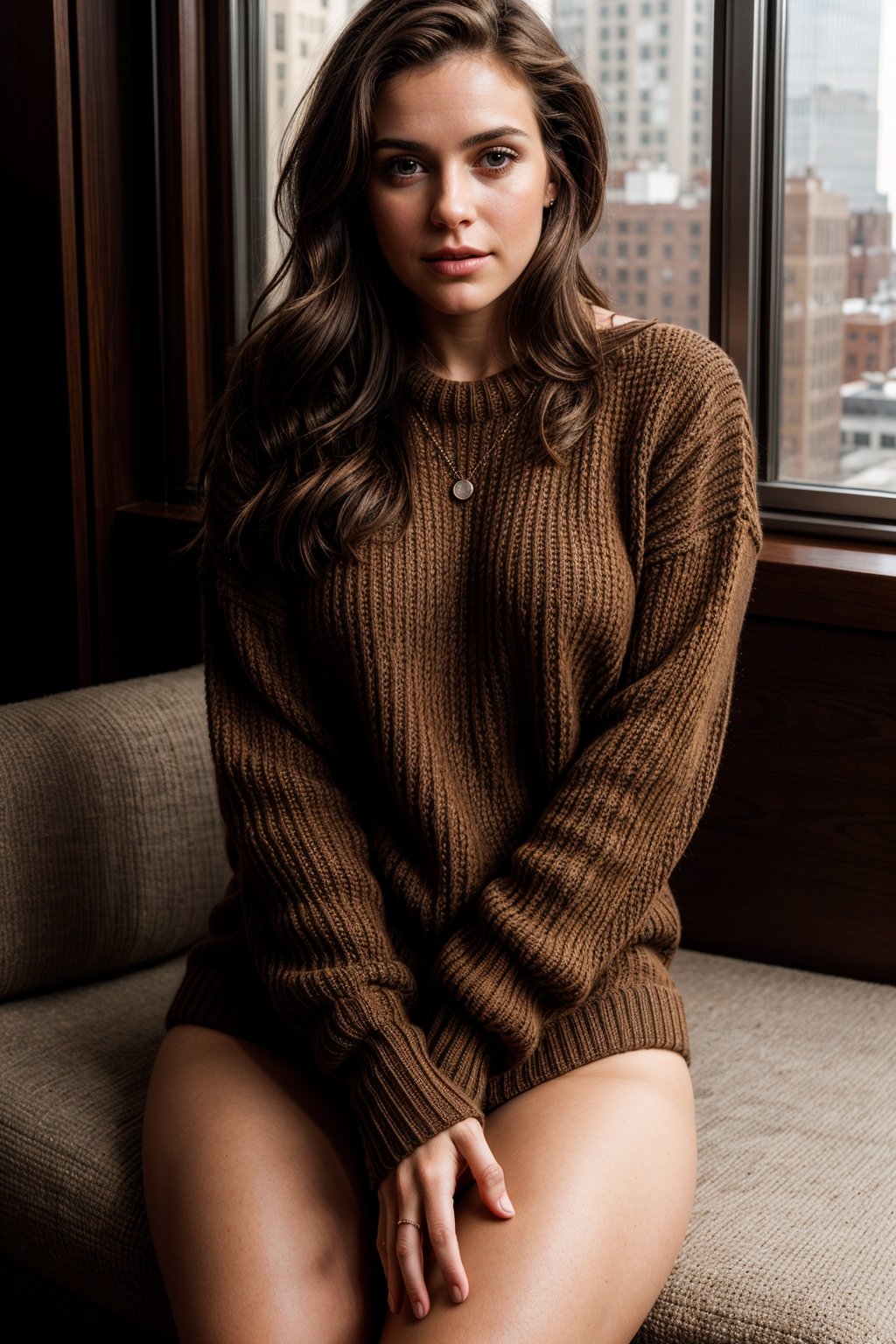 beautiful 26 year old woman. sexy, strong stance, solo, fit
young, thicc
dark brown hair, slight smile
adventurous, 
wearing knitted sweater
no pants
Thighs showing
looking at camera
cuban italian
sitting in a NYC penthouse
serious, confident
portrait, 50mm, film grain, bokeh, closeup
morning warm sunlight

