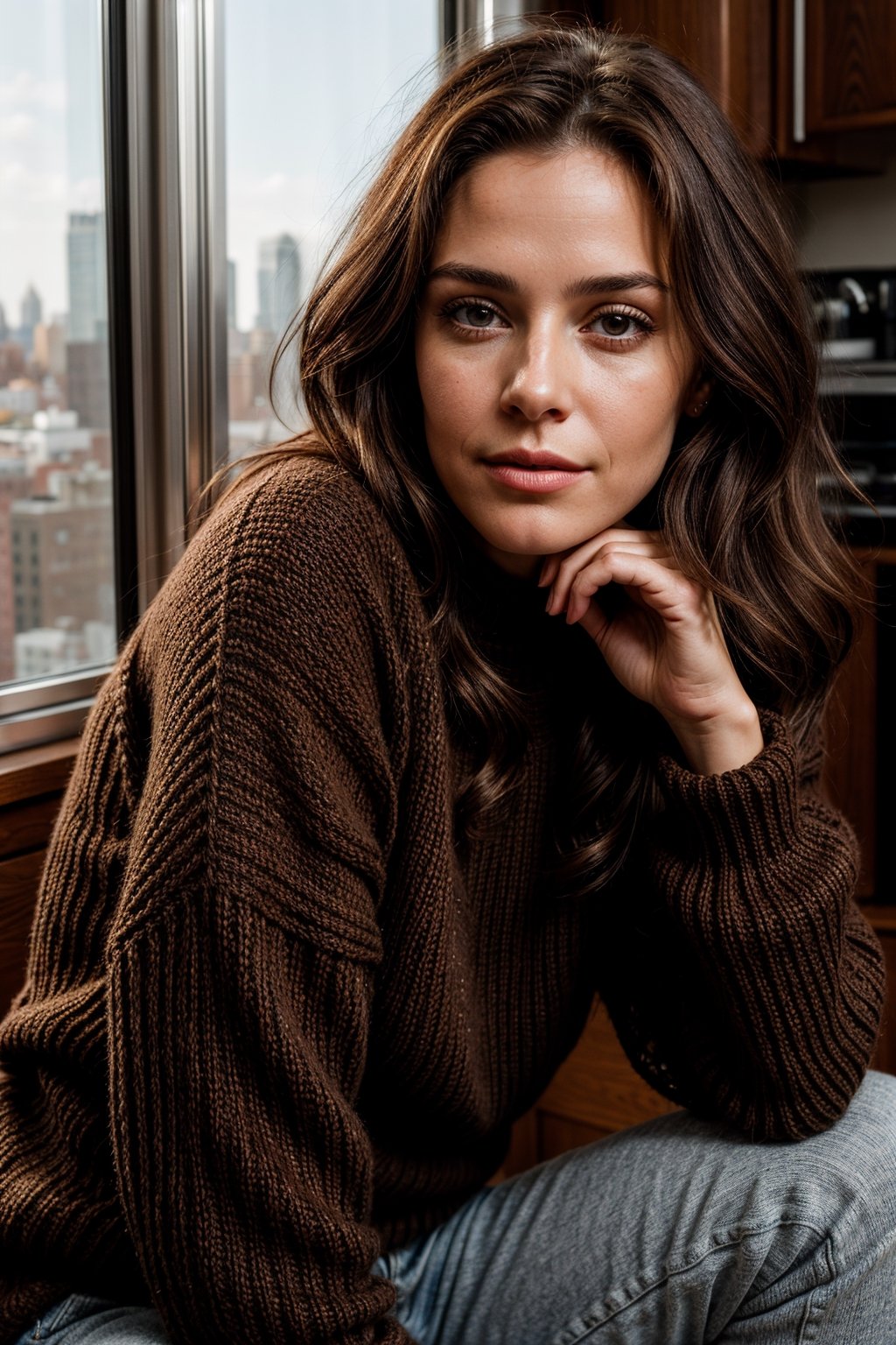 beautiful 26 year old woman. sexy, strong stance, solo, fit
dark brown hair, slight smile
adventurous, 
wearing knitted sweater
looking at camera
cuban italian
sitting in a NYC penthouse
serious, confident
portrait, 50mm, film grain, bokeh, closeup
morning warm sunlight

