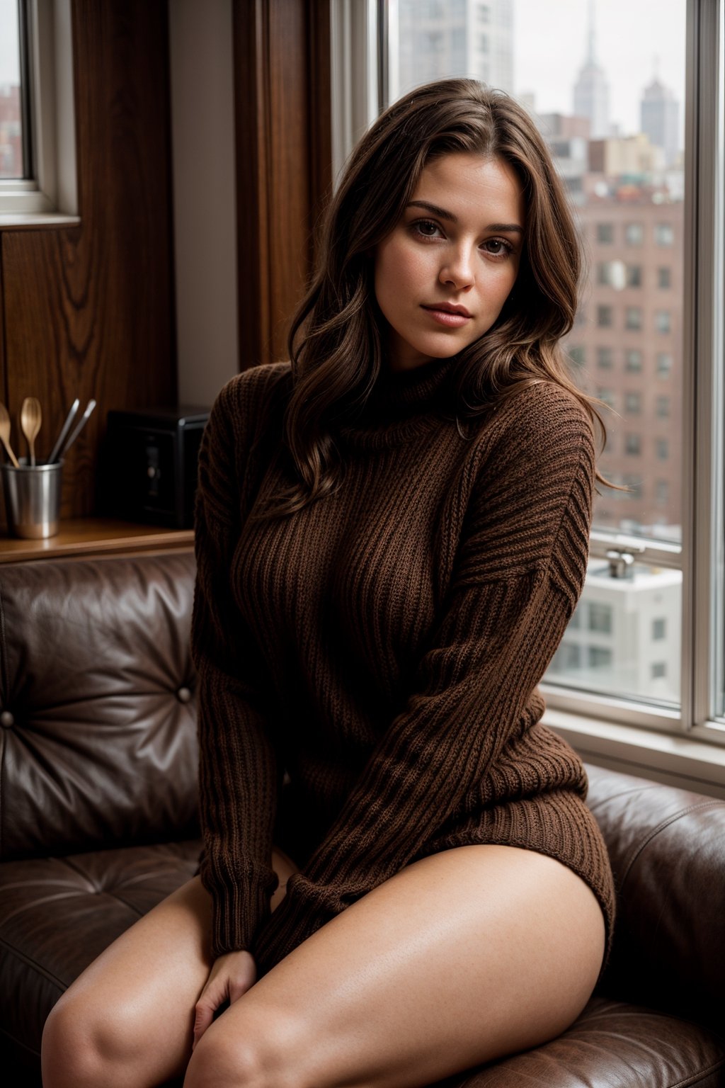 beautiful 26 year old woman. sexy, strong stance, solo, fit
young, thicc
dark brown hair, slight smile
adventurous, 
wearing knitted sweater
no pants
Thighs showing
looking at camera
cuban italian
sitting in a NYC penthouse
serious, confident
portrait, 50mm, film grain, bokeh, closeup
morning warm sunlight

