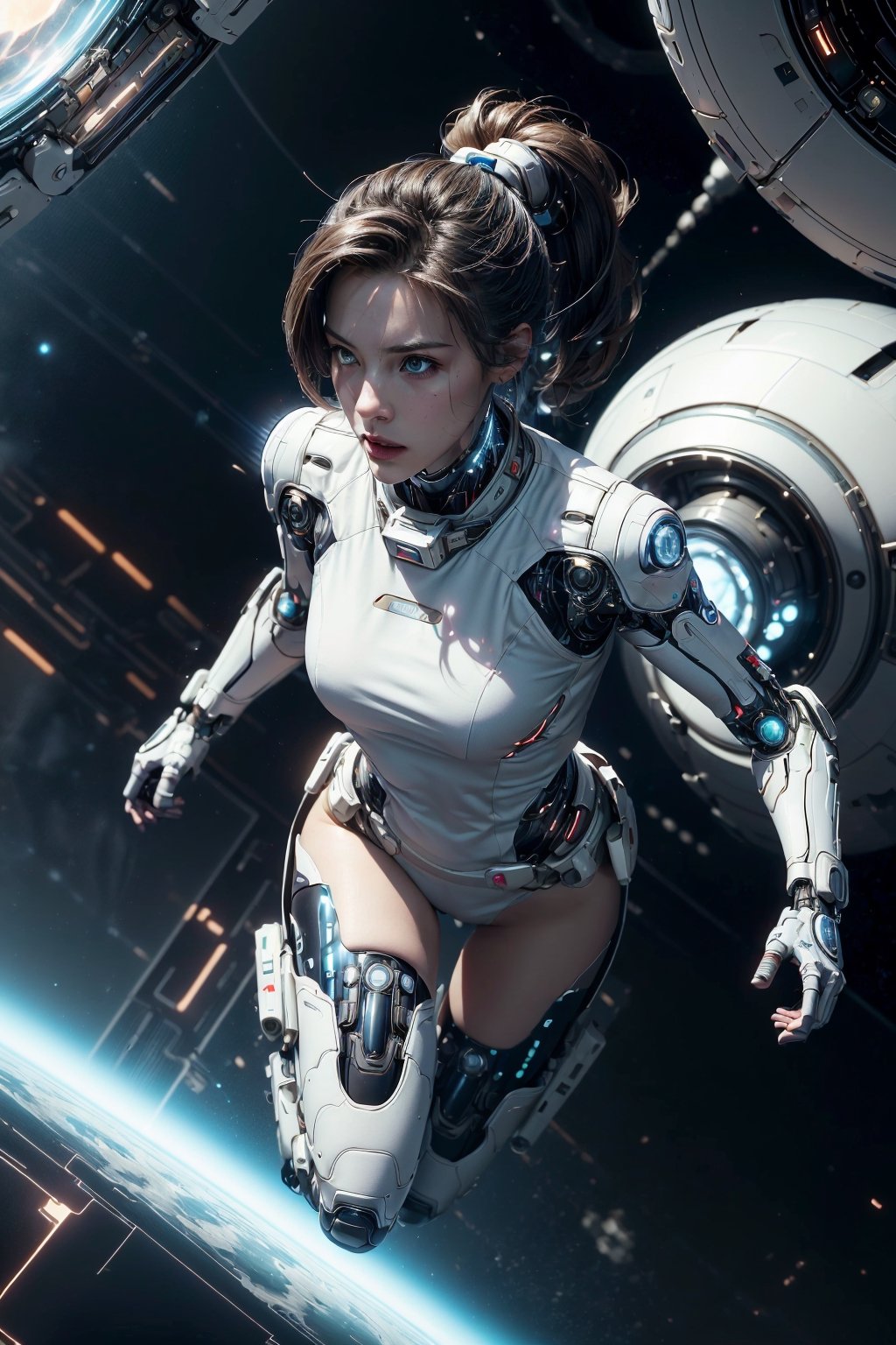 (4k), (masterpiece), (best quality),(extremely intricate), (realistic), (sharp focus), (cinematic lighting), (extremely detailed), (full body),

A young girl with cybernetic prosthetics and explosion magic floats in the zero-gravity environment of a space station. She is wearing a white spacesuit and a pair of goggles. Her hair is tied back in a ponytail, and her face is determined. Her cybernetic prosthetics are enhanced with powerful thrusters, allowing her to maneuver with ease. She is a spacefaring cybernetic sorceress.

,explosionmagic, excessive energy, smoke, glowing aura
, neotech, scifi, sleek