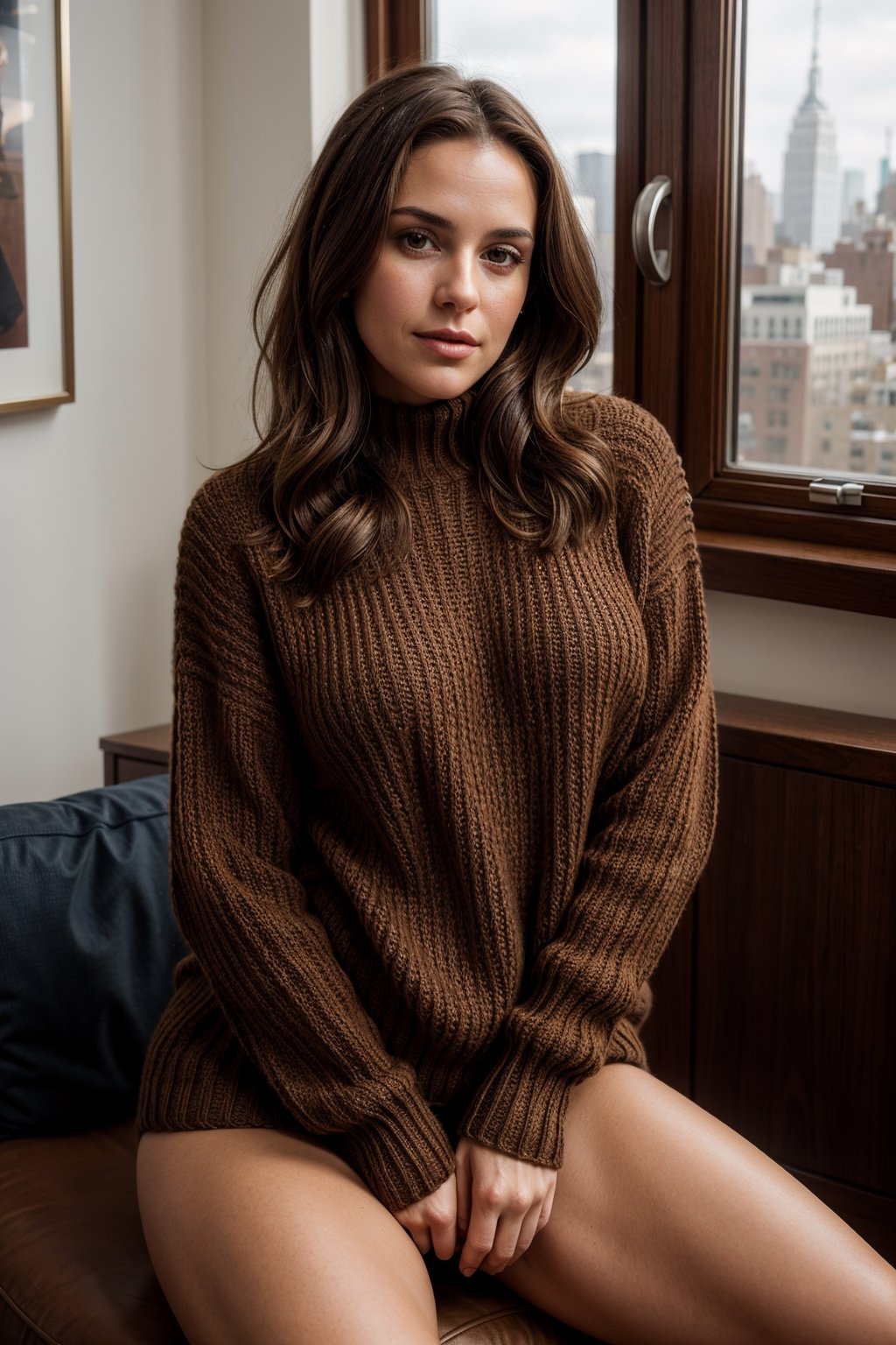 beautiful 26 year old woman. sexy, strong stance, solo, fit
young, thicc
dark brown hair, slight smile
adventurous, 
wearing knitted sweater
no pants
Thighs showing
looking at camera
cuban italian
sitting in a NYC penthouse
serious, confident
portrait, 50mm, film grain, bokeh, closeup
morning warm sunlight

