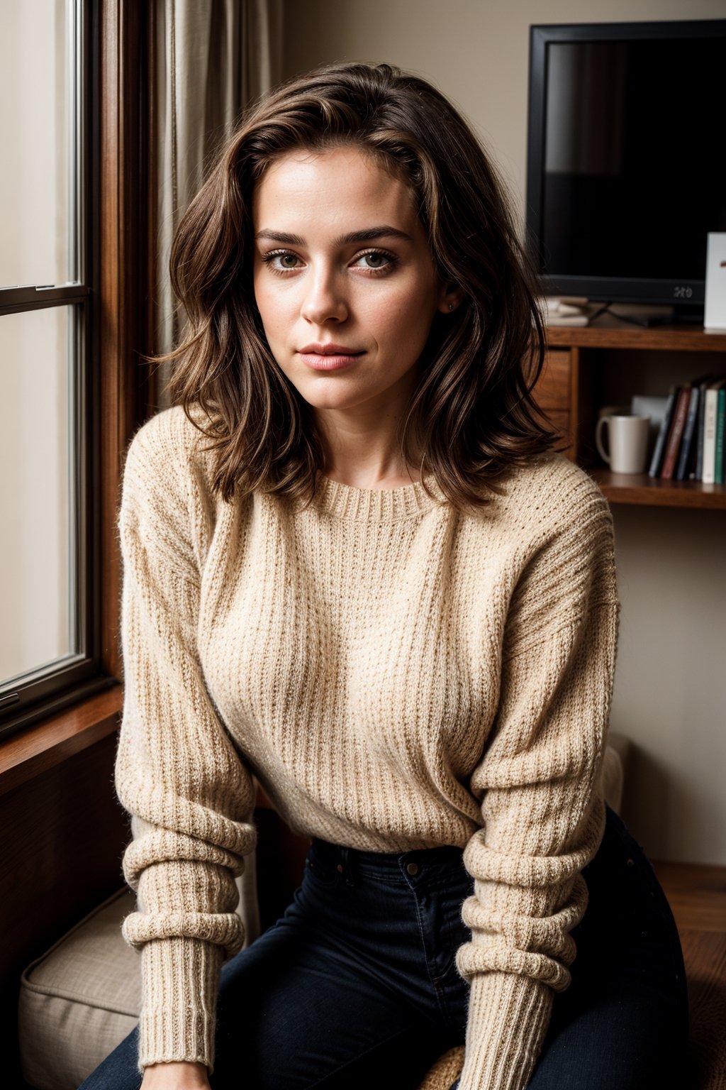 beautiful 26 year old woman. sexy, strong stance, solo, fit
young, thicc
dark brown hair, slight smile
adventurous, 
wearing knitted sweater
looking at camera
cuban italian
sitting in a NYC penthouse
serious, confident
portrait, 50mm, film grain, bokeh, closeup
morning warm sunlight

