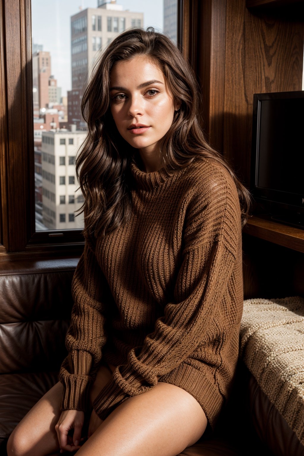 beautiful 26 year old woman. sexy, strong stance, solo, fit
young, thicc
dark brown hair, slight smile
adventurous, 
wearing knitted sweater
no pants
Thighs showing
looking at camera
cuban italian
sitting in a NYC penthouse
serious, confident
portrait, 50mm, film grain, bokeh, closeup
morning warm sunlight

